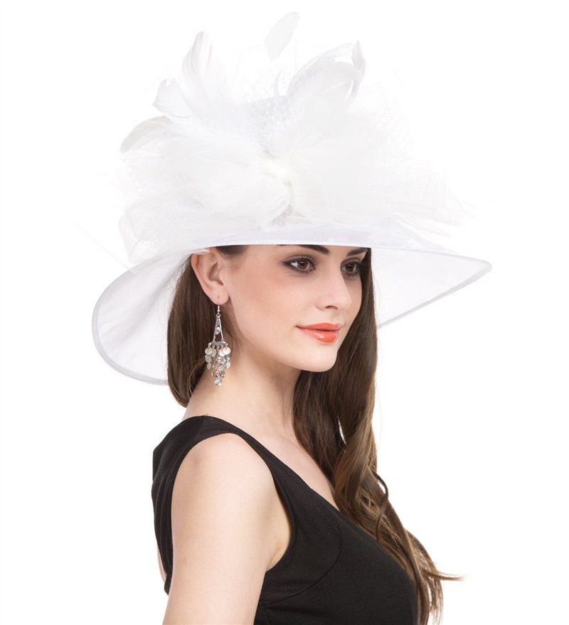Saferin Women 's Wide Brim Tea Party Organza Church Kentucky Dress Tea Party Derby Hat White Feather Mesh Flower Free size - Image 4
